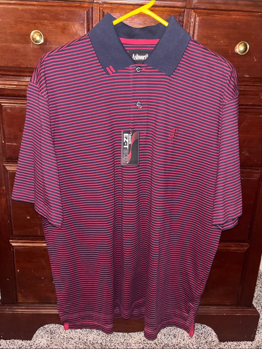 Ashworth Men's Pink and Navy Striped Performance Polo